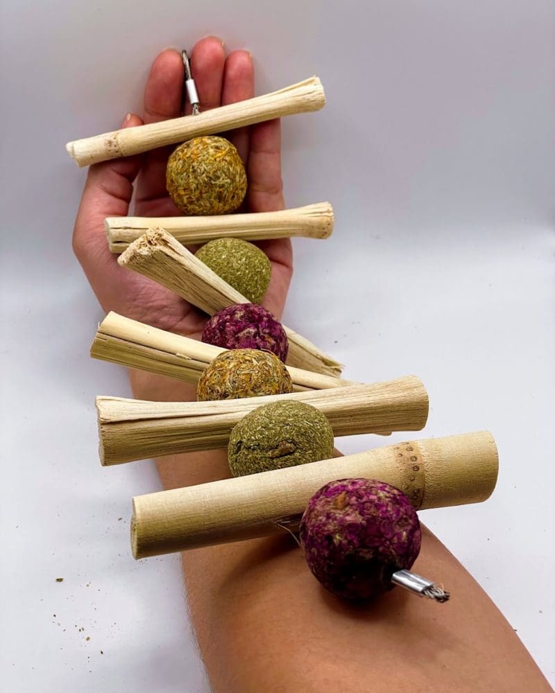 Floral Balls and Bamboo Sticks Hanging Chew Timothy Hay Treat for Rabbit, Hamsters, Guinea Pigs, Chinchillas & Small Rodents.