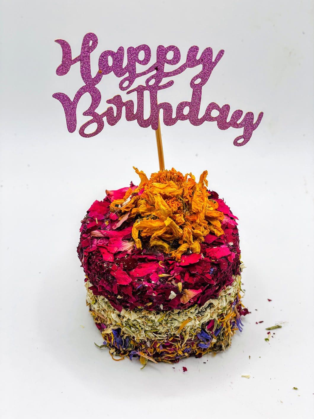 3 Layers Timothy Hay Floral Happy Birthday and Special Occasions Cake With Petals Forage Treat For Rabbit, Hamsters, Guinea Pigs, Chinchillas & Small Rodents