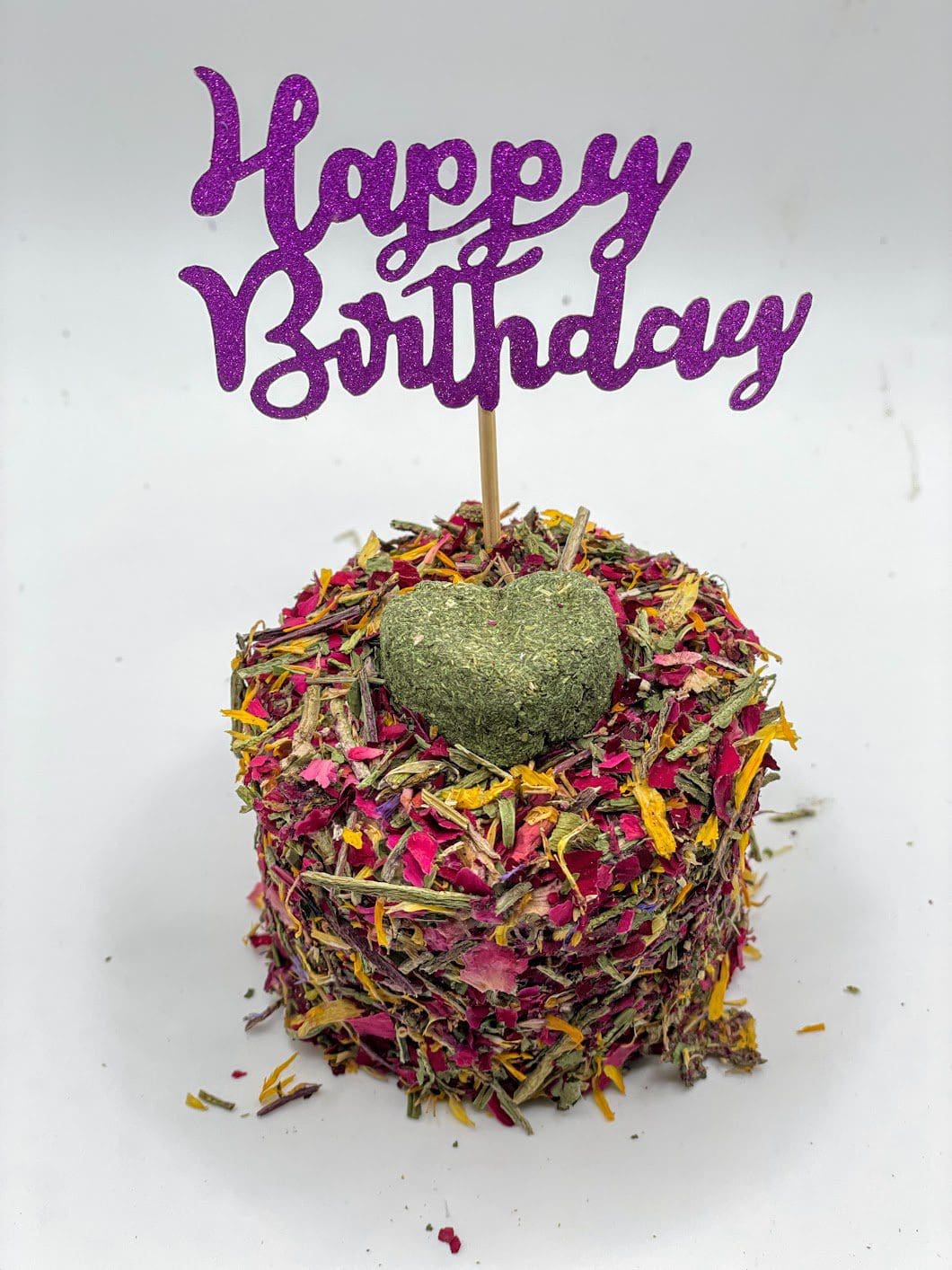 3 Layers Timothy Hay Floral Happy Birthday and Special Occasions Cake With Petals Forage Treat For Rabbit, Hamsters, Guinea Pigs, Chinchillas & Small Rodents