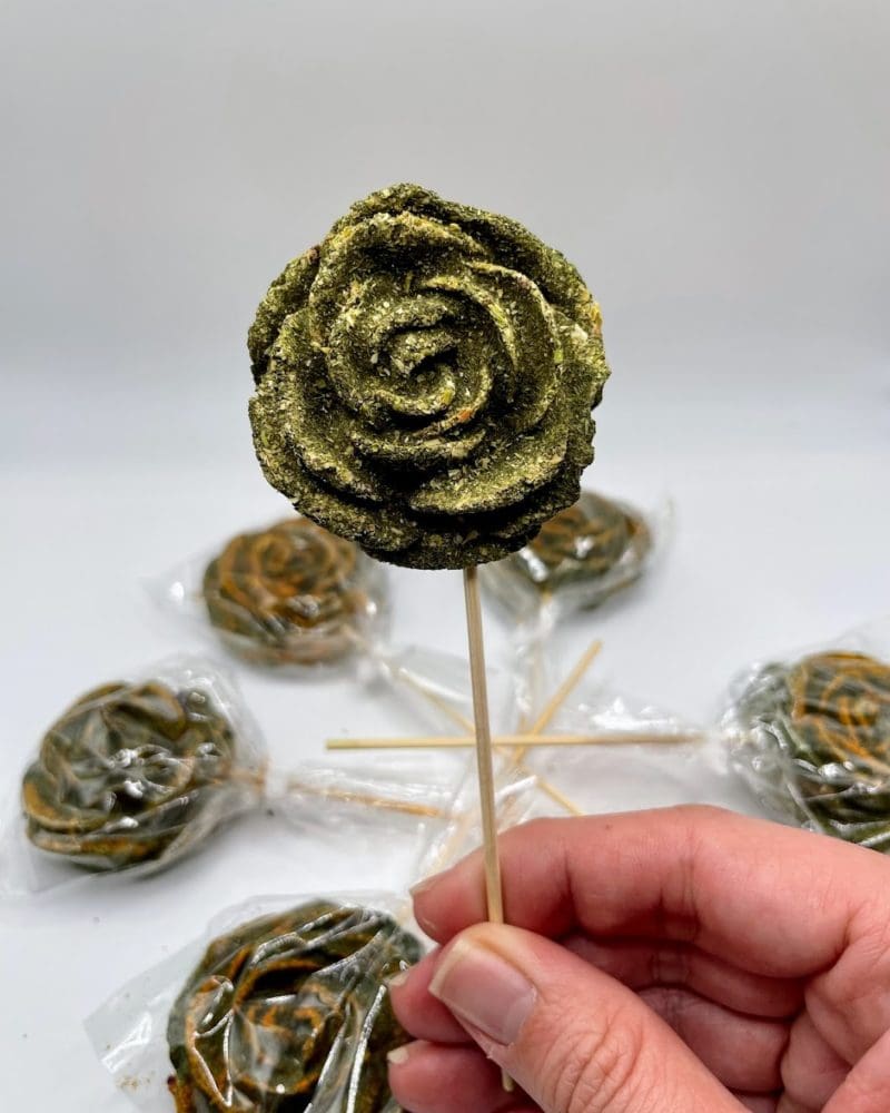 4 Pack Timothy Hay Rose Flower Lollipop with Bamboo Stick Treat for Rabbits, Hamsters, Guinea Pigs, Chinchillas and Small Rodents.